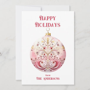 Watercolor Pink Bauble Personalized Holiday Card