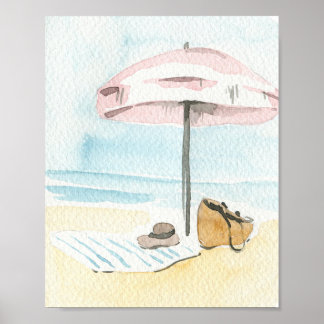 Watercolor Pink Beach Umbrella Coastal  Poster
