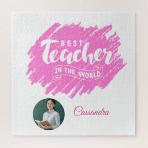 Watercolor Pink Best Teacher in The World Photo Jigsaw Puzzle