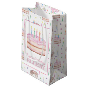 Watercolor Pink Birthday Cake Personalized Small Gift Bag