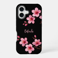 Watercolor Pink Black Cherry Blossom Monogram 