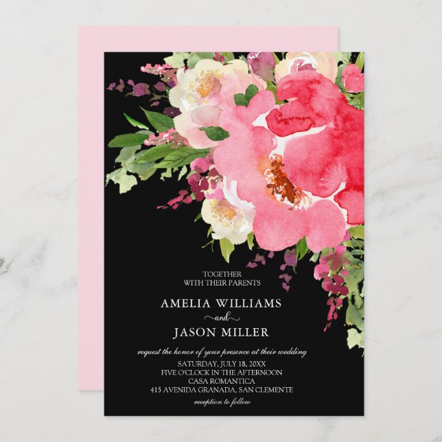 Watercolor Pink Black Floral Wedding Invitations (Front/Back)