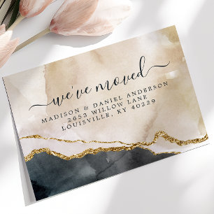 Watercolor Pink Black Gold Moving Announcement Postcard