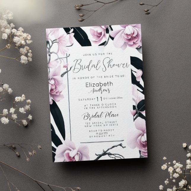 Watercolor pink black orchid flower Bridal Shower  Invitation (Watercolor pink black orchid flower Bridal Shower)