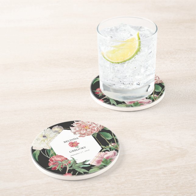 Watercolor Pink Black Peonies Flowers Wedding Coaster (Side)