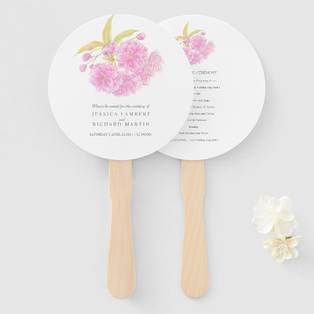 Watercolor pink blossom wedding program fans (Front and Back)
