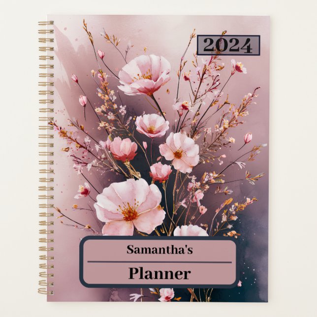 WATERCOLOR PINK BLOSSOMS PERSONALIZED PLANNER (Front)