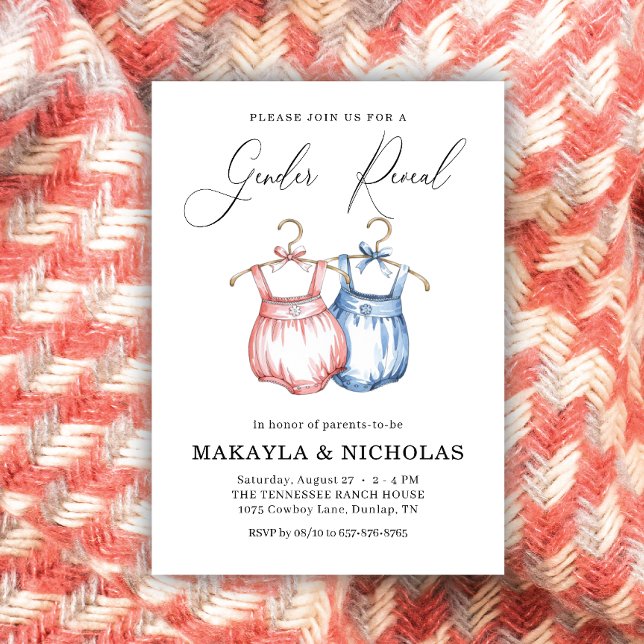 Watercolor pink blue Baby Clothes Gender Reveal  Invitation (Creator Uploaded)
