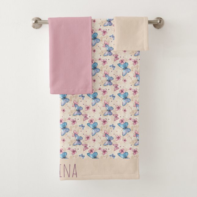 Watercolor pink blue Butterfly pattern name  Bath Towel Set (Insitu)