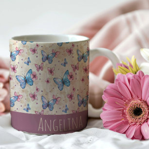 Watercolor pink blue Butterfly pattern name Coffee Mug