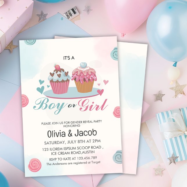 Watercolor pink blue cupcake gender reveal party invitation (Creator Uploaded)