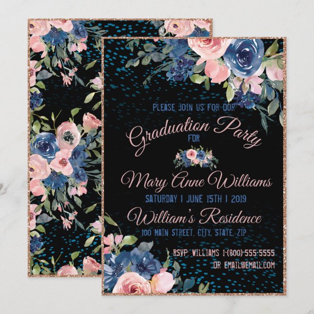 Watercolor Pink Blue Elegant Floral Graduation Invitation (Front/Back)
