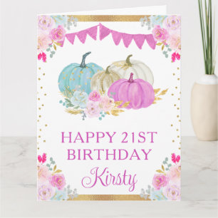 Watercolor Pink Blue Floral Pumpkins Birthday Card