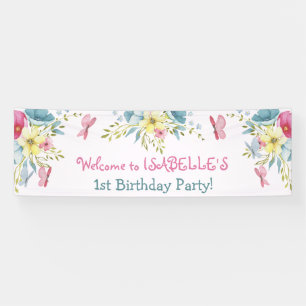 Watercolor Pink Blue Florals Butterflies Birthday Banner