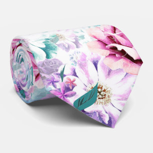 Watercolor pink, blue flowers. tie