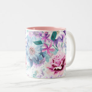 Watercolor pink, blue flowers.  Two-Tone coffee mug
