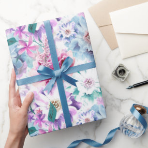 Watercolor pink, blue flowers.  wrapping paper