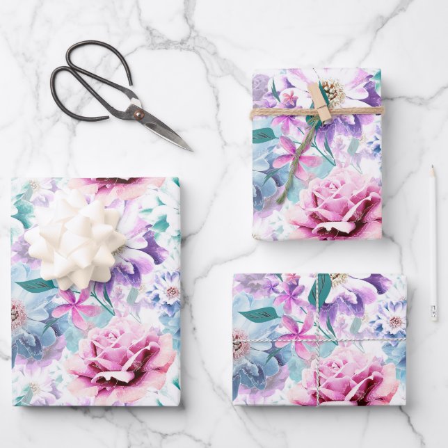 Watercolor pink, blue flowers. wrapping paper sheet (Front)