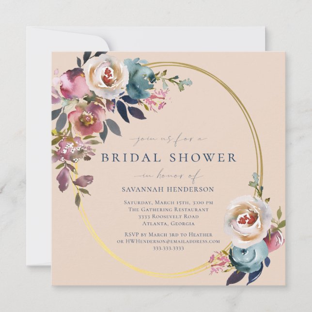 Watercolor Pink Blue Gold Floral Bridal Shower  Invitation (Front)