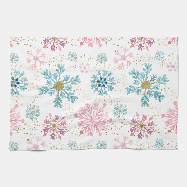Watercolor Pink, Blue & Gold Winter Snowflakes Kitchen Towel (Horizontal)