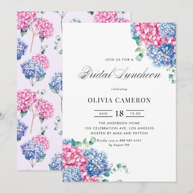 Watercolor Pink & Blue Hydrangeas Bridal Luncheon Invitation (Front/Back)