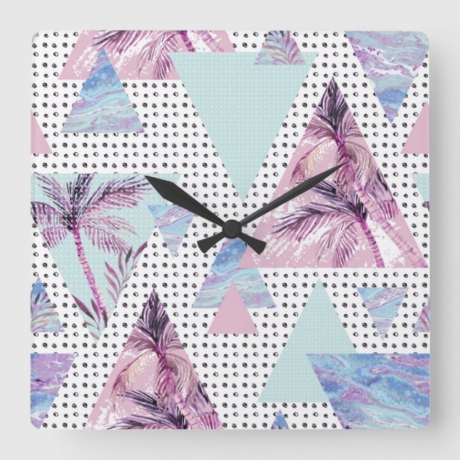Watercolor Pink & Blue Palm Tree Pattern Square Wall Clock (Front)