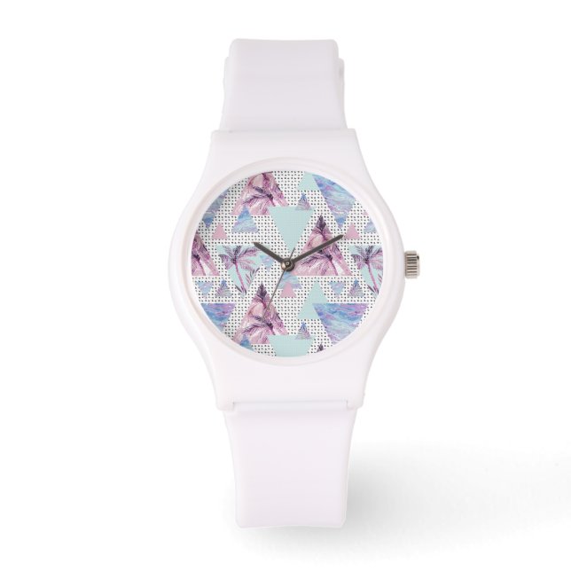 Watercolor Pink & Blue Palm Tree Pattern Watch (Front)