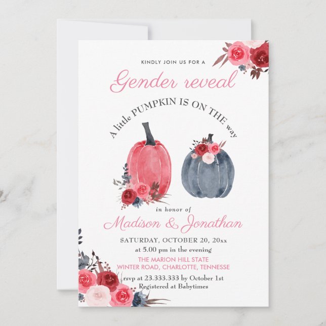 Watercolor Pink Blue Pumpkins Roses Gender Reveal Invitation (Front)
