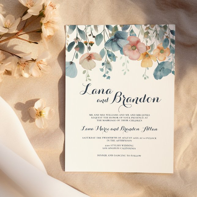 Watercolor pink blue spring wildflowers wedding  invitation (Watercolor pink blue spring wildflowers wedding)