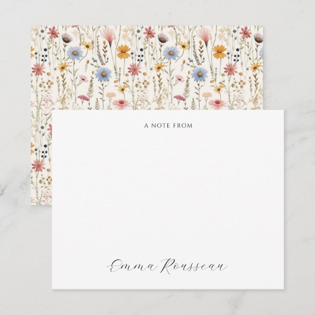Watercolor Pink Blue Wildflowers Script Note From Card (Front/Back)