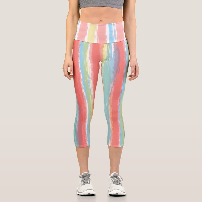 Watercolor Pink Blue Yellow Vertical Stripes Capri Leggings (Front)