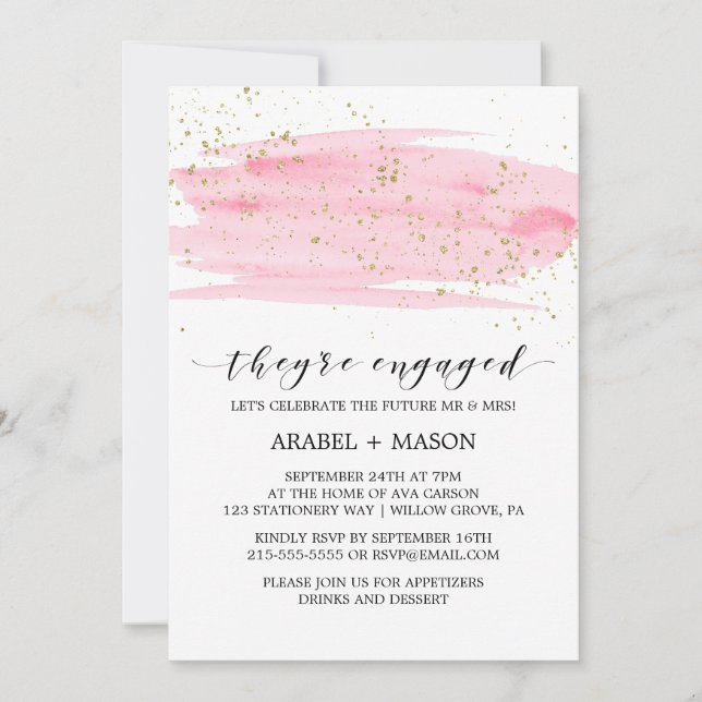 Watercolor Pink Blush and Gold Engagement Party Invitation (Front)