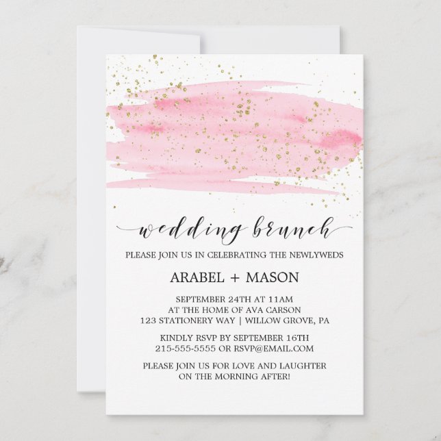 Watercolor Pink Blush and Gold Wedding Brunch Invitation (Front)