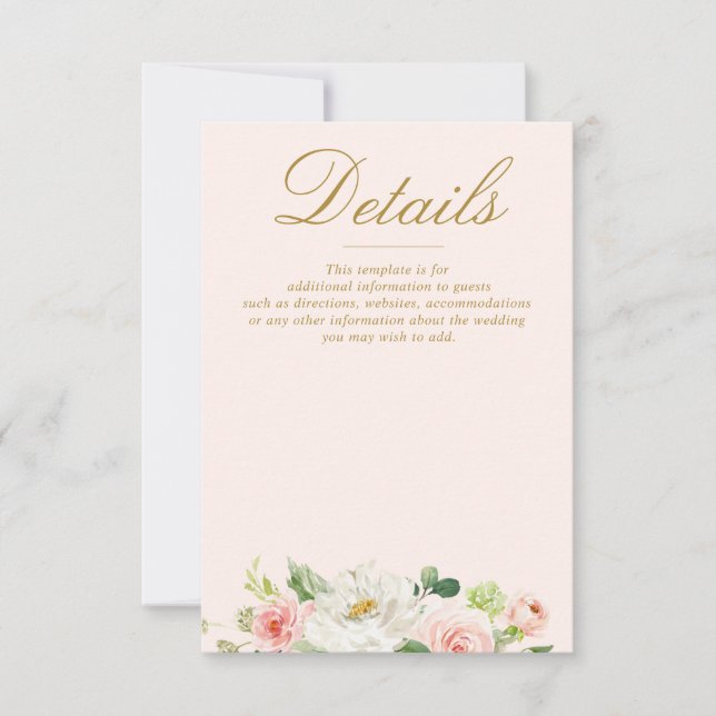 watercolor pink blush blooms wedding details card (Front)
