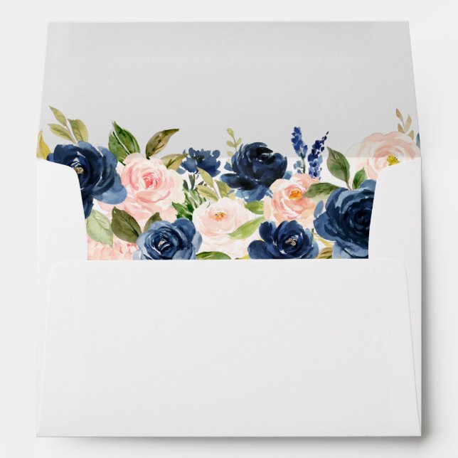 Watercolor Pink Blush Blue Floral Wedding White Envelope (Back (Bottom))