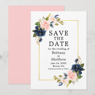 Watercolor Pink Blush Blue Roses Gold Frame Save The Date