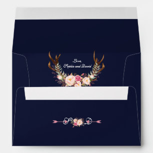 Watercolor Pink Blush Floral Antlers Navy Wedding Envelope