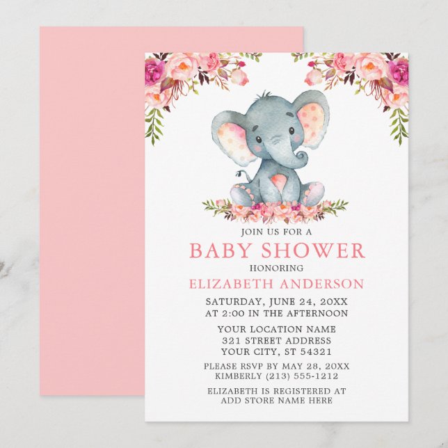 Watercolor Pink Blush Floral Baby Shower Elephant Invitation (Front/Back)