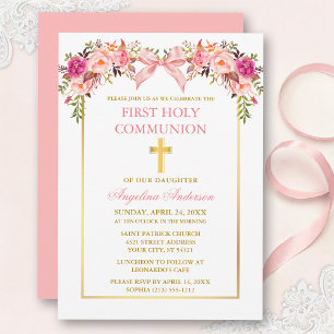 Watercolor Pink Blush Floral Bow Communion Invitation