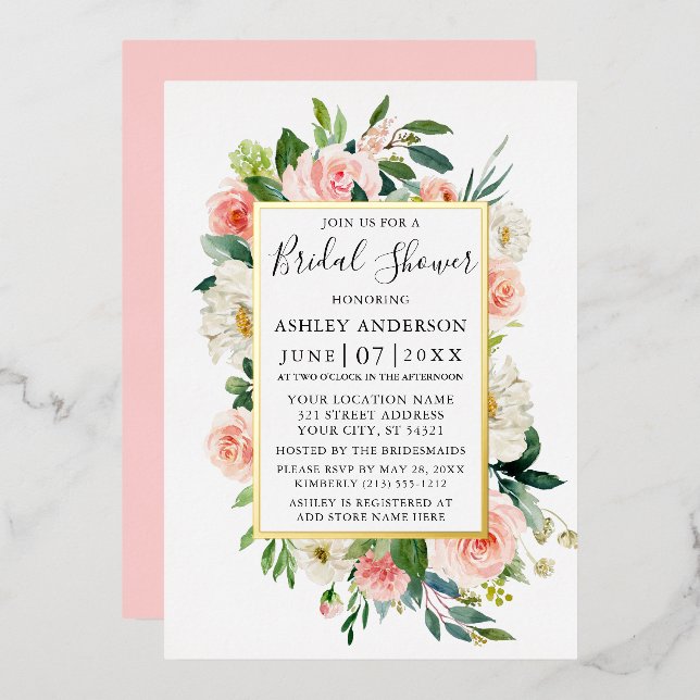 Watercolor Pink Blush Floral Bridal Shower Gold (Front/Back)