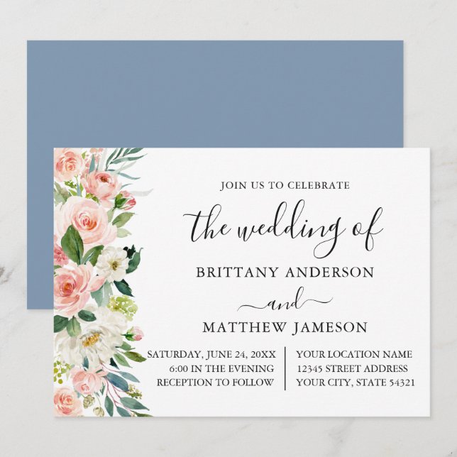 Watercolor Pink Blush Floral Dusty Blue Wedding  Invitation (Front/Back)