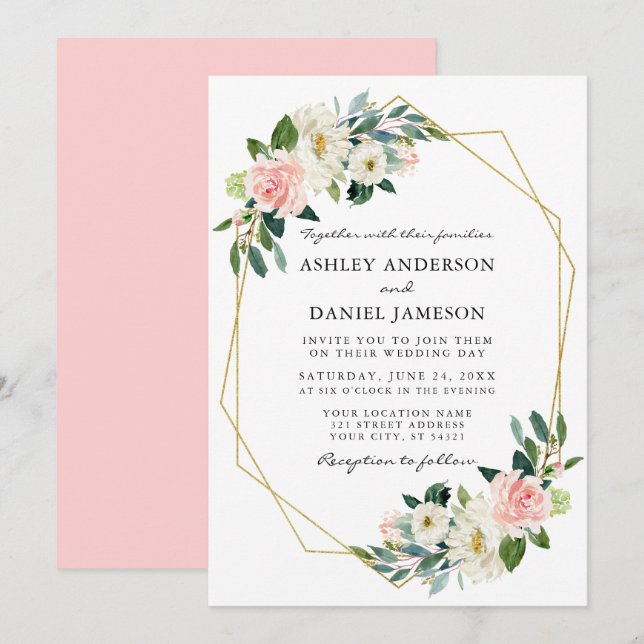 Watercolor Pink Blush Floral Elegant Gold Frame Invitation (Front/Back)