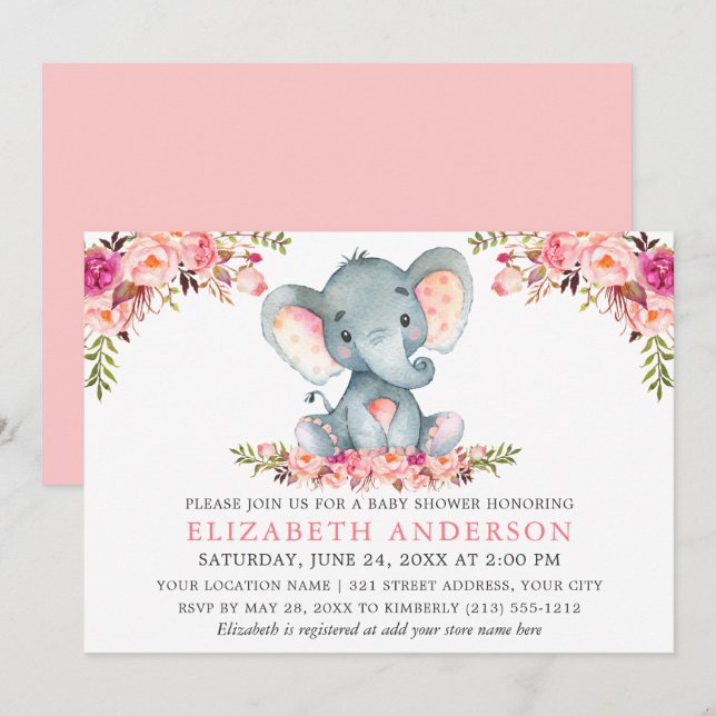 Watercolor Pink Blush Floral Elephant Baby Shower Invitation (Front/Back)