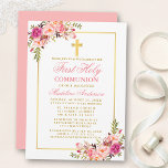 Watercolor Pink Blush Floral Gold First Communion Invitation<br><div class="desc">Elegant Watercolor Pink Blush Floral First Holy Communion Invitation includes pink roses and greenery. Gold Frame. Gold Cross.</div>