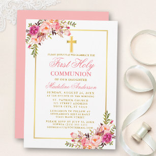 Watercolor Pink Blush Floral Gold First Communion Invitation