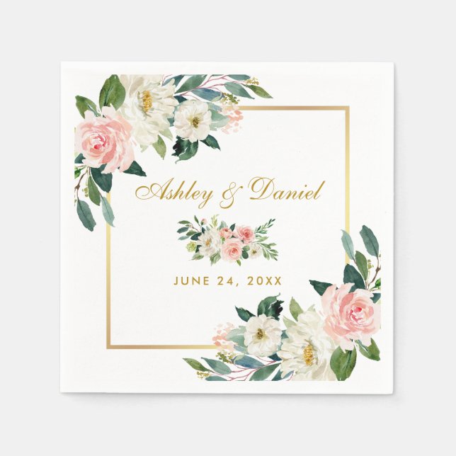 Watercolor Pink Blush Floral Gold Frame Wedding Napkin (Front)