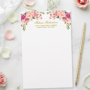 Watercolor Pink Blush Floral Gold Personalized  Stationery