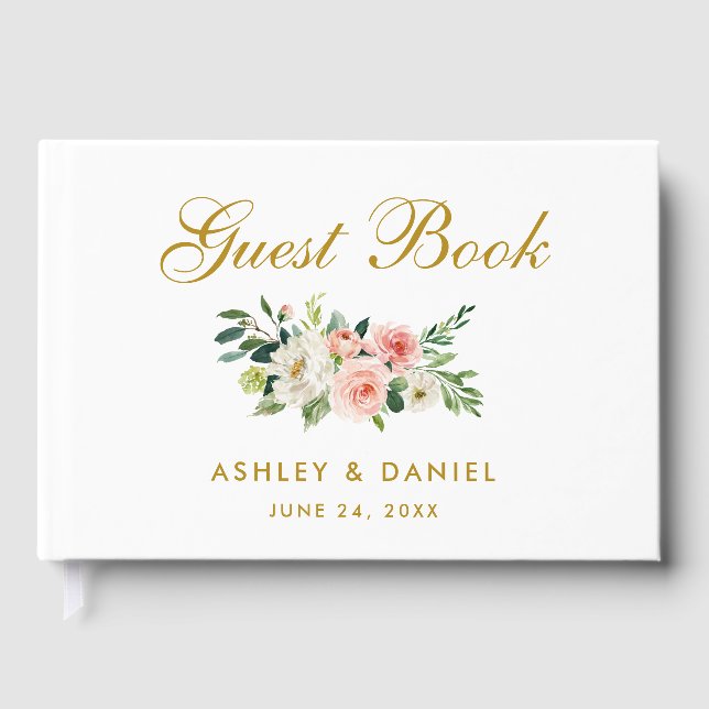 Watercolor Pink Blush Floral Gold Wedding Guest Book (Front)