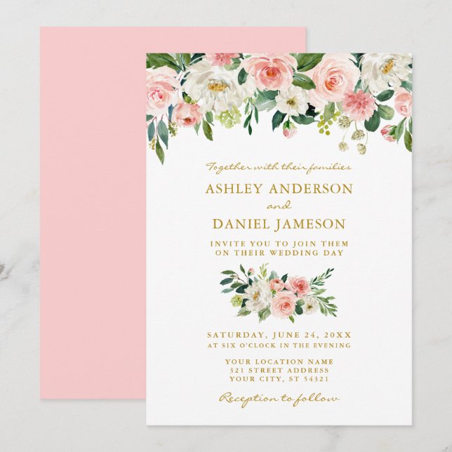 Watercolor Pink Blush Floral Gold Wedding Invitation (Front/Back)