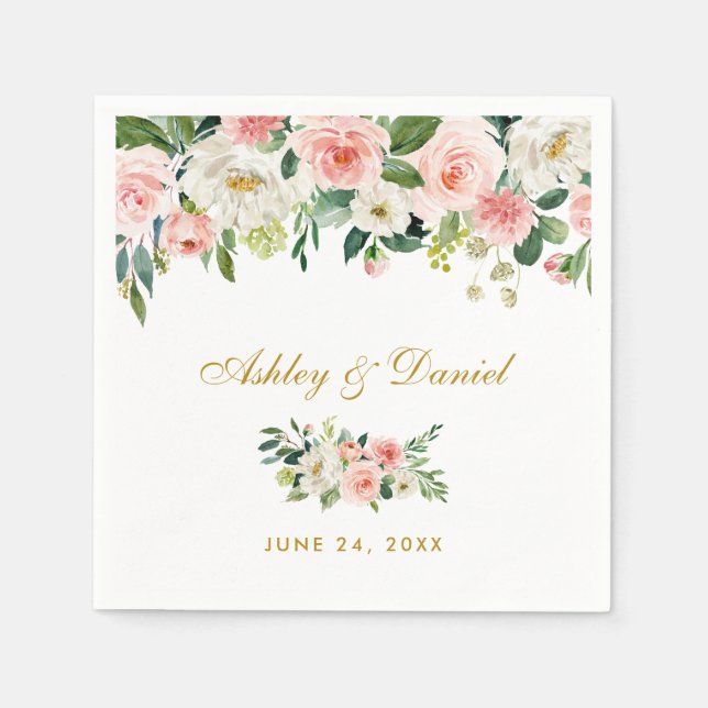 Watercolor Pink Blush Floral Gold Wedding Napkin (Front)